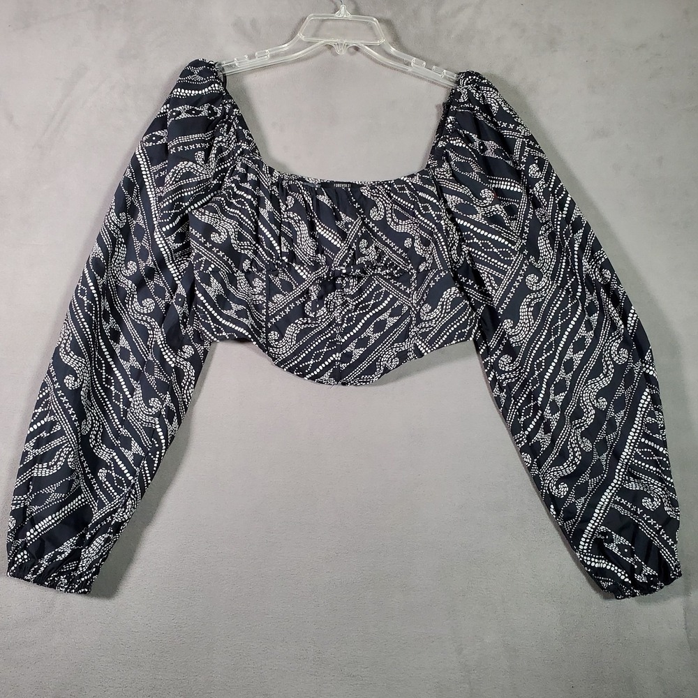Womens Milkmaid Crop Top L Black White Abstract Long Puff Sleeve Dark Artsy Boho